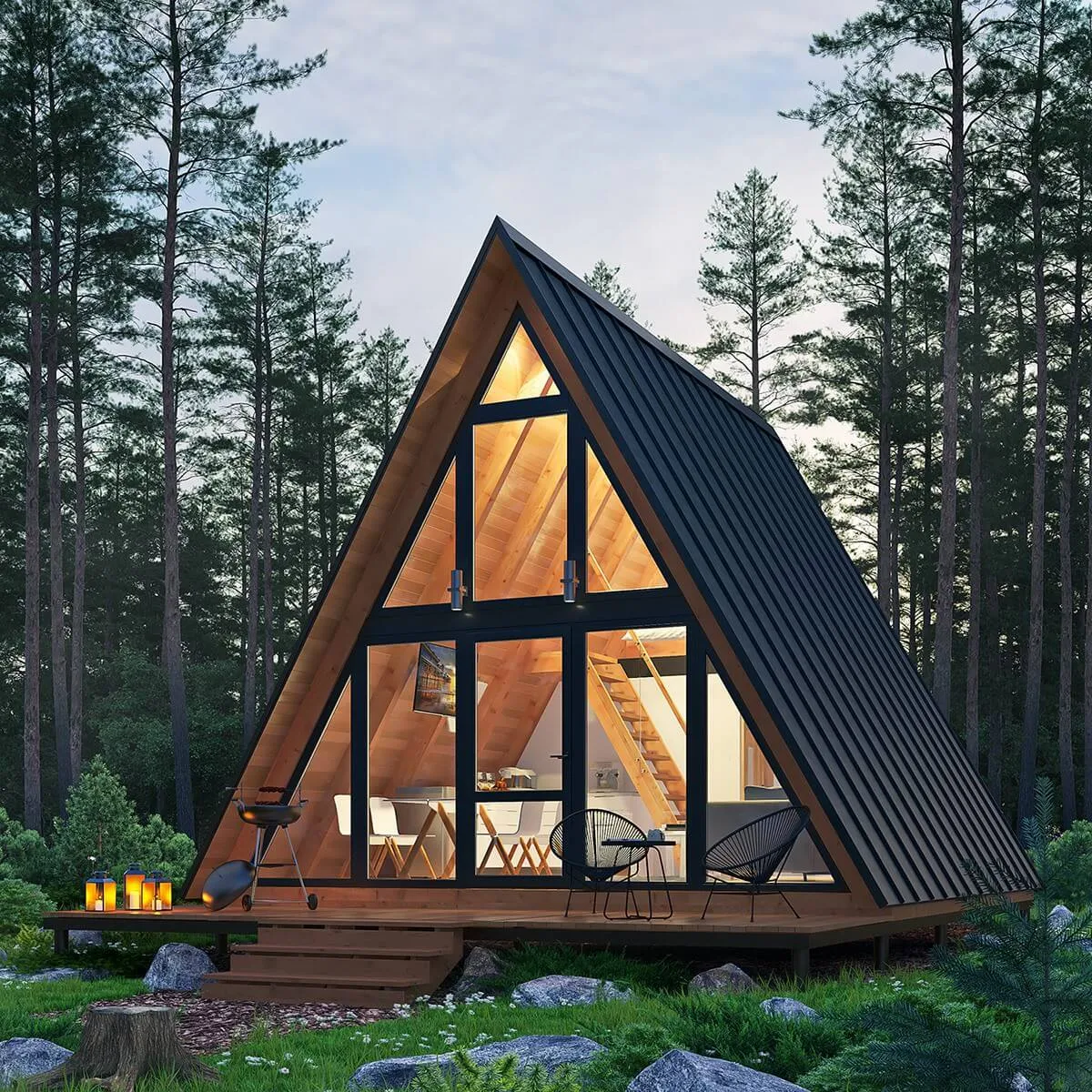 xterior view of a luxury bungalow surrounded by trees with scenic glass walls at a European holiday resort.